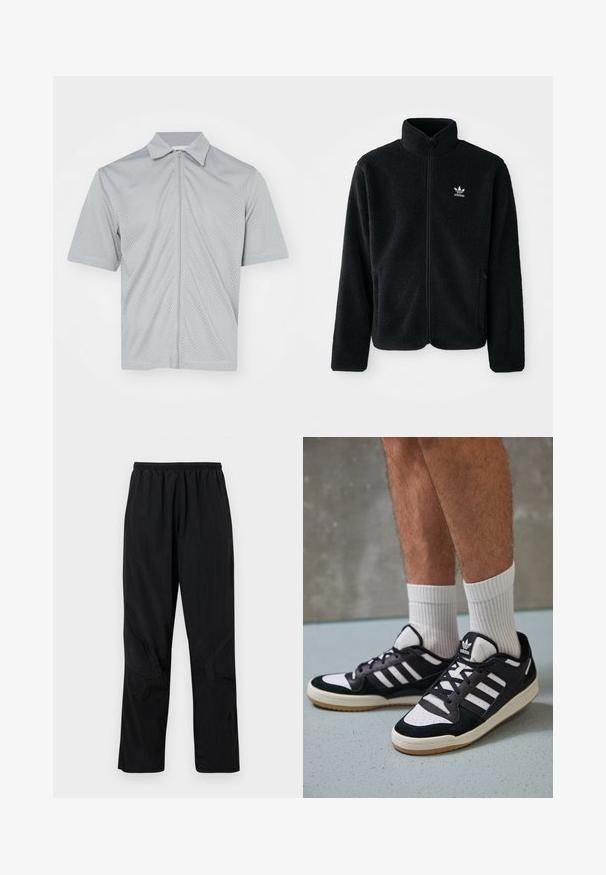 Čierna fleecová bunda s vysokým golierom, zipsom na prednej strane a prednými vreckami. Obsahuje textúrovanú tkaninu a malé biele logo na ľavej hrudi.; Svetlo šedá športová bunda s krátkym rukávom vyrobená z priedušnej sieťoviny, s plným predným zipsom a špicatým golierom.; Čierne nylonové nohavice s elastickým pásom, s ľahkým textúrovaným povrchom a akcentmi na švoch pre moderný dizajn.; Čierno-biele tenisky s vrchom z semišu a kože, s troma bielymi pruhmi, perforovanou špičkou a gumovou podrážkou.