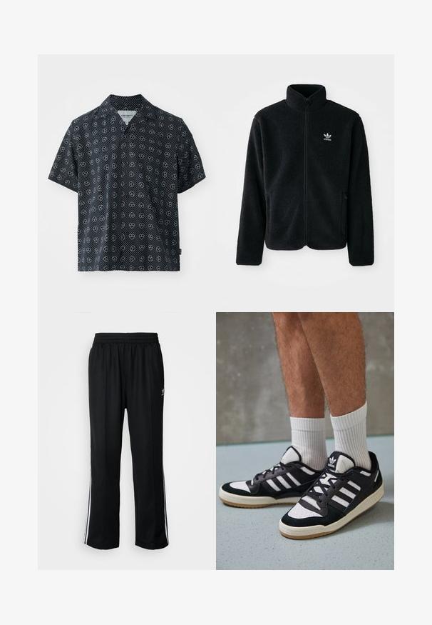 Schwarze Fleecejacke mit hohem Kragen, durchgehendem Reißverschluss und Fronttaschen. Verfügt über strukturiertes Material und ein kleines weißes Logo auf der linken Brust.; Kurzarmhemd aus schwarzem Stoff mit weißen Punkte- und Herzmustern. Eingekerbter Kragen; lockerer Schnitt; leichte Textur.; Schwarze Sporthosen mit elastischem Bund, ausgestattet mit weißen Seitenstreifen und einem kleinen Logo. Das Material wirkt weich und leicht.; Schwarz-weiße Sneaker mit einem Obermaterial aus Wildleder und Leder, ausgestattet mit drei weißen Streifen, einer perforierten Zehenpartie und einer Sohle aus Gummi.