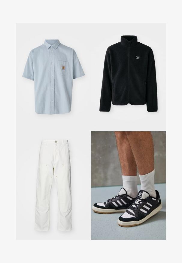 Sort fleecejakke med høj krave, lynlås foran og frontlommer. Har tekstureret stof og lille hvidt logo på venstre bryst.; Lysblå kortærmet skjorte med knapper og et struktureret mønster, enkelt brystlomme og et firkantet Carhartt logo-patch på lommen.; Hvide bomulds cargo bukser med en afslappet pasform. Funktioner inkluderer for- og baglommer, guldfarvede hardware detaljer og forstærkede knæsektioner.; Sorte og hvide sneakers med en overdel i ruskind og læder, der har tre hvide striber, en perforeret tå og en sål i gummigummi.