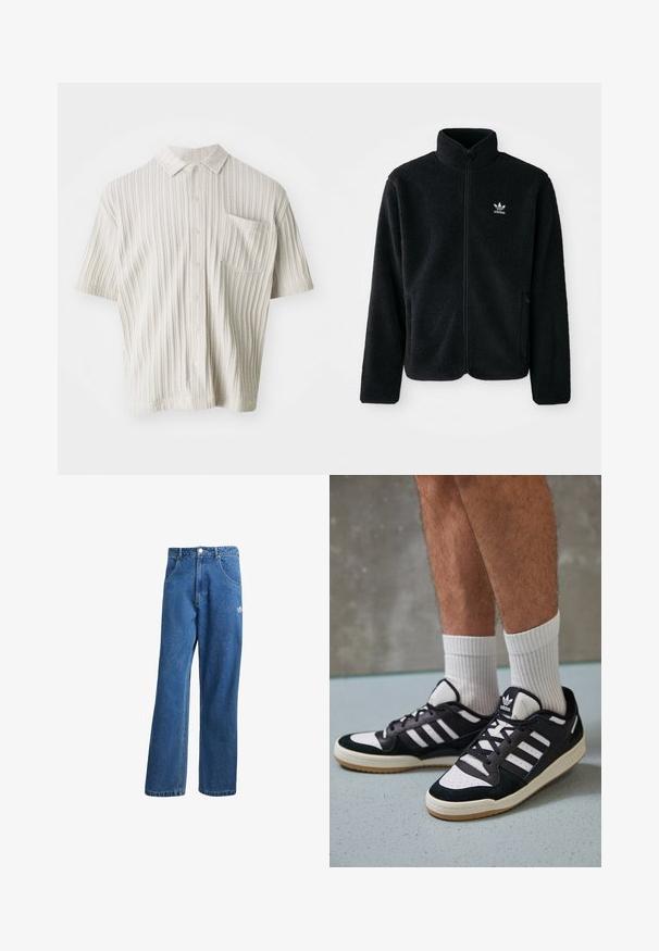 Zwarte fleece jacket met hoge kraag, ritssluiting aan de voorkant en voorzakken. Kenmerkt zich door textuurstof en een klein wit logo op de linkerborst.; Korte mouwen, lichtbeige shirt met een kraag, verticale ribbelstructuur, vijf knopen en een borstzak.; Blauwe hoge taille wijde spijkerbroek met voorzakken, riemlussen, knoopsluiting en klein Adidas-logo op de rechterdij.; Zwart-witte sneakers met een bovenwerk van suede en leer, voorzien van drie witte strepen, een geperforeerde neus en een rubberen gumzool.