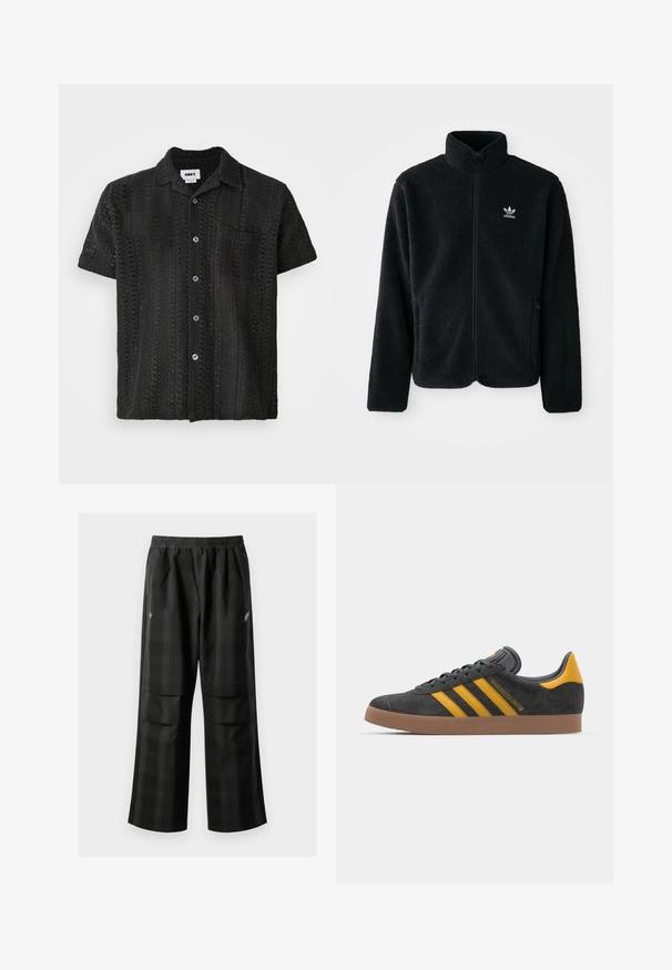 Casaco de fleece preto com gola alta, fecho de correr à frente e bolsos frontais. Apresenta um tecido texturizado e um pequeno logo branco no lado esquerdo do peito.; Camiseta preta de crochê de mangas curtas com um corte descontraído, apresentando um fecho frontal com botões, um bolso no peito e um padrão aberto e texturizado.; Calças pretas em padrão xadrez com cintura elástica, dois bolsos frontais e um ajuste solto com design de perna reta. Feitas de material leve.; Tenis em camurça preta com detalhes amarelos, apresentando três riscas e uma sola de borracha castanha. Inclui uma língua acolchoada para maior conforto.