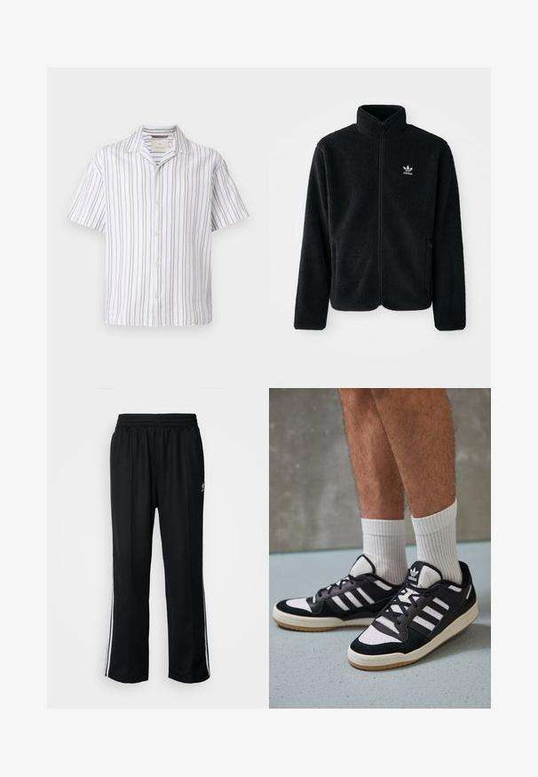 Must värviline fleecedee peasärk kõrge kraega, tõmblukuga esiosa ja esikotid. Omab tekstuuriga kangast ja väikest valget logo vasakul rinnal.; Lühikeste varrukatega särk, mis on valmistatud kerge kangaga, millel on vertikaalsed valged ja beežid triibud, krae ja nööpidega ees.; Mustad mustad spordipüksid elastse vöökohaga, millel on valged küljeread ja väike logo. Materjal tundub pehme ja kerge.; Mustvalged ja valged spordijalatsid, mille pealmine osa on valmistatud suede'ist ja nahast. Kingadel on kolm valget riba, auguline varvas ja kummist tald.