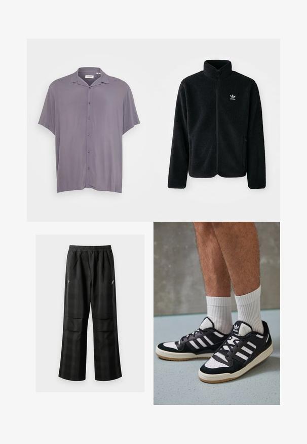 Melns flīsa mētelis ar augstu apkakli, ar rāvējslēdzēju priekšā un priekšējiem kabatām. Iezīmē ar teksturētu audumu un mazu baltu logo uz kreisā krūtīm.; Šorta piedurkņu, pogājama krekls gaismas pelēkā audumā. Iezīmē klasisku apkakli, brīvu piegriezumu un gludu tekstūru bez rakstiem vai akcentiem.; Melnas kvadrātveida bikses ar elastīgu jostu, divām priekšējām kabatām un brīvu piegriezumu ar taisnām kājām. Izgatavotas no viegla materiāla.; Melnas un baltas kedas ar zamša un ādas augšdaļu, kas aprīkotas ar trim baltām svītrām, perforētu purngali un gumijas zolēm.