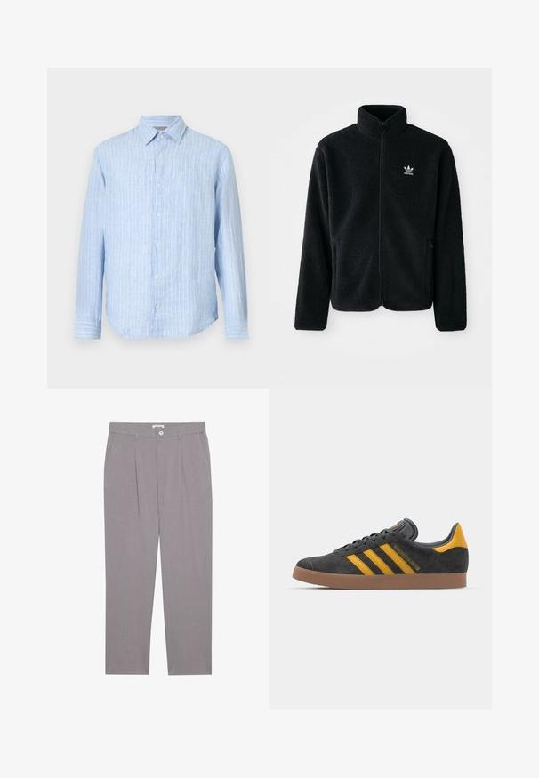 Veste en polaire noire avec col haut, fermeture éclair à l'avant et poches перед тобой. Présente un tissu texturé et un petit logo blanc sur la poitrine gauche.; Chemise boutonnée bleu clair avec des rayures verticales blanches, manches longues, col pointu et ourlet arrondi. Fabriquée en tissu léger.; Pantalons gris cintrés avec une coupe droite, dotés de deux poches avant, de plis et d'une fermeture à bouton. Fabriqué en tissu léger.; Baskets en suede noir avec des accents jaunes, présentant trois rayures et une semelle en caoutchouc marron. Comprend une languette rembourrée pour le confort.