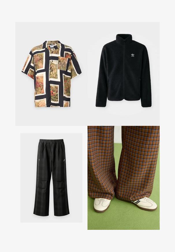 Juodas fliso džemperis su aukštu apykakle, užtrauktuku priekyje ir priekinėmis kišenėmis. Ypatybės: tekstūruota medžiaga ir mažas baltas logotipas kairėje krūtinės pusėje.; Juoda trumpomis rankovėmis mygtukų marškiniai, papuošti ryškiomis gėlių detalėmis, įrėmintomis stačiakampių forma. Pagaminta iš lengvos medžiagos, su laisvu siluetu.; Juodos languotos kelnės su elastingu juosmeniu, dviem priekinėmis kišenėmis ir laisvu tiesiu kirpimu. Pagamintos iš lengvos medžiagos.; Rudos ir mėlynos langelinės plačios kelnės, derinamos su baltais batais su juodais akcentais ir tekstūruotais padais, prieš žalią foną.