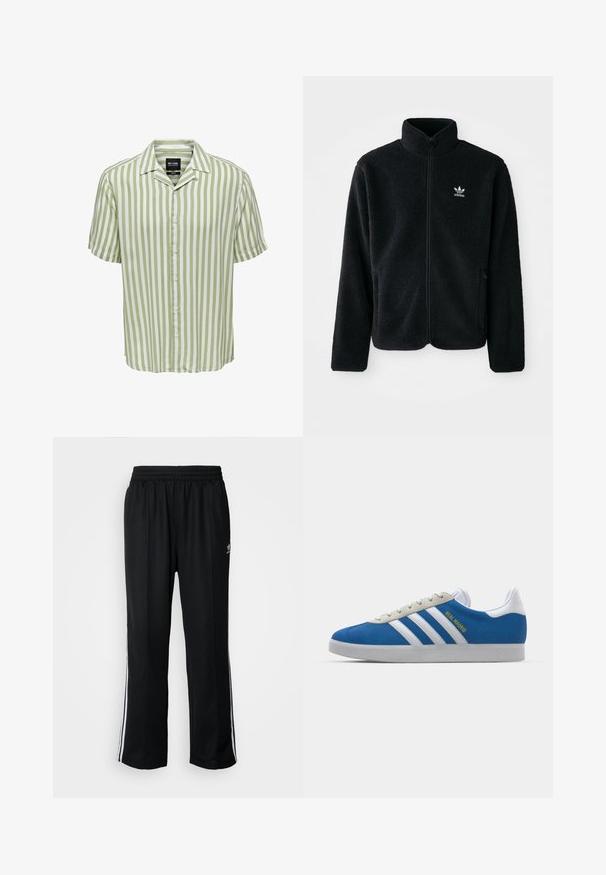 Veste en polaire noire avec col haut, fermeture éclair à l'avant et poches перед тобой. Présente un tissu texturé et un petit logo blanc sur la poitrine gauche.; Chemise à manches courtes rayée en vert clair et blanc. Dotée d'un col classique et d'une fermeture à boutons sur le devant, avec une coupe décontractée. Tissu à texture lisse.; Pantalons de sport noirs avec une taille élastique, ornés de rayures blanches sur les côtés et d'un petit logo. Le matériau semble doux et léger.; adidas Originals ADIDAS GAZELLE SHOES - Chaussures de football en salle - real madrid/bluebird/footwear white/crew yellow