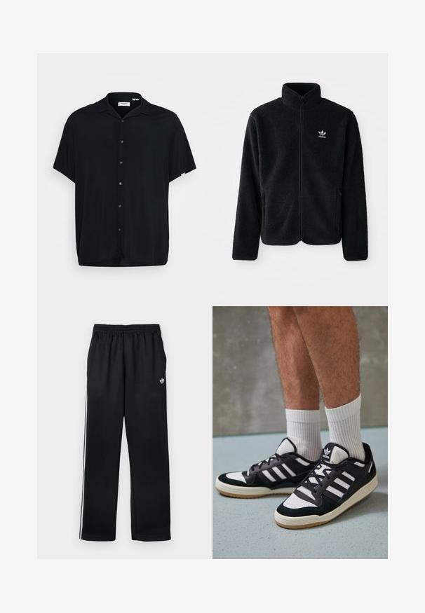 Giacca in pile nera con colletto alto, chiusura zip frontale e tasche anteriori. Presenta un tessuto testurizzato e un piccolo logo bianco sul lato sinistro del petto.; Camicetta nera a maniche corte con bottoni realizzata in tessuto leggero. Presenta un colletto aperto, chiusura frontale con bottoni e una vestibilità rilassata.; Pantaloni sportivi neri con vita elasticizzata, caratterizzati da strisce laterali bianche e un piccolo logo sulla parte anteriore. Tessuto liscio e taglio dritto.; Sneaker bianco e nero con tomaia in suede e pelle, caratterizzati da tre strisce bianche, punta perforata e suola in gomma naturale.
