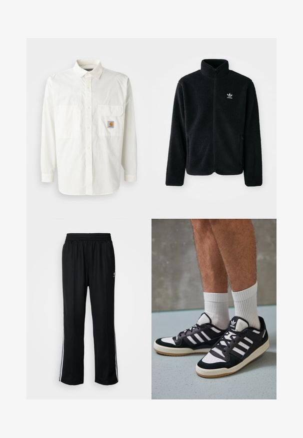 Črna flis jakna z visokim ovratnikom, z zadrgo spredaj in sprednjimi žepi. Ima strukturno blago in majhno belo logo na levi strani prsnega koša.; Bela srajca z gumbi, narejena iz bombaža, z dolgimi rokavi, klasičnim ovratnikom, dvema sprednjima žepoma in oznako Carhartt.; Črne atletske hlače z elastičnim pasom, ki imajo bele stranske črte in majhen logo. Material izgleda mehak in lahek.; Črno-bele superge z zgornjim delom iz usnja in nubuka, ki imajo tri bele črte, perforiran vrh prstov in podplat iz gume.