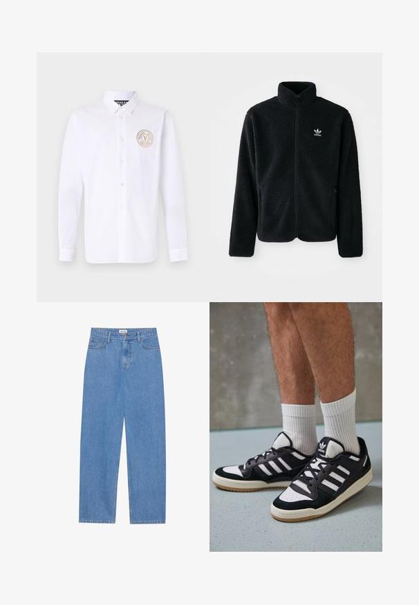 Čierna fleecová bunda s vysokým golierom, zipsom na prednej strane a prednými vreckami. Obsahuje textúrovanú tkaninu a malé biele logo na ľavej hrudi.; Biela košeľa s dlhým rukávom vyrobená z bavlny s golierom na gombíky. Na ľavej strane hrudníka sa nachádza kruhové béžové logo. Klasický strih s gombíkovým zapínaním.; Svetlomodré denimové nohavice s rovnými nohavicami, dizajnom s piatimi vreckami, zapínaním na jeden gombík a jemnými švovými detailmi.; Čierno-biele tenisky s vrchom z semišu a kože, s troma bielymi pruhmi, perforovanou špičkou a gumovou podrážkou.