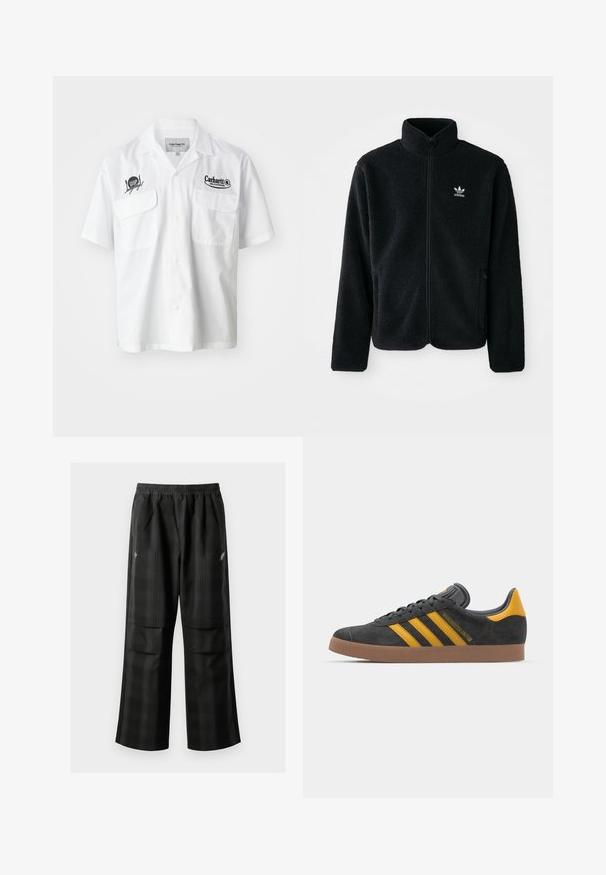 Black fleece jacket with high collar, zip front, and front pockets. Features textured fabric and small white logo on left chest.; White short-sleeve shirt with a button-up front, two chest pockets, and black embroidered logos from Carhartt and WIP. Smooth fabric texture.; Black plaid pants featuring an elastic waistband, two front pockets, and a loose fit with a straight leg design. Made from lightweight material.; Black suede sneaker with yellow accents, featuring three stripes and a brown rubber sole. Includes a padded tongue for comfort.
