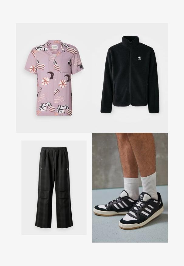 Black fleece jacket with high collar, zip front, and front pockets. Features textured fabric and small white logo on left chest.; Short-sleeve, lavender shirt featuring a beach-themed print with umbrellas, waves, and striped accents. Includes a chest pocket and button front.; Black plaid pants featuring an elastic waistband, two front pockets, and a loose fit with a straight leg design. Made from lightweight material.; Black and white sneakers with a suede and leather upper, featuring three white stripes, a perforated toe, and a gum rubber sole.