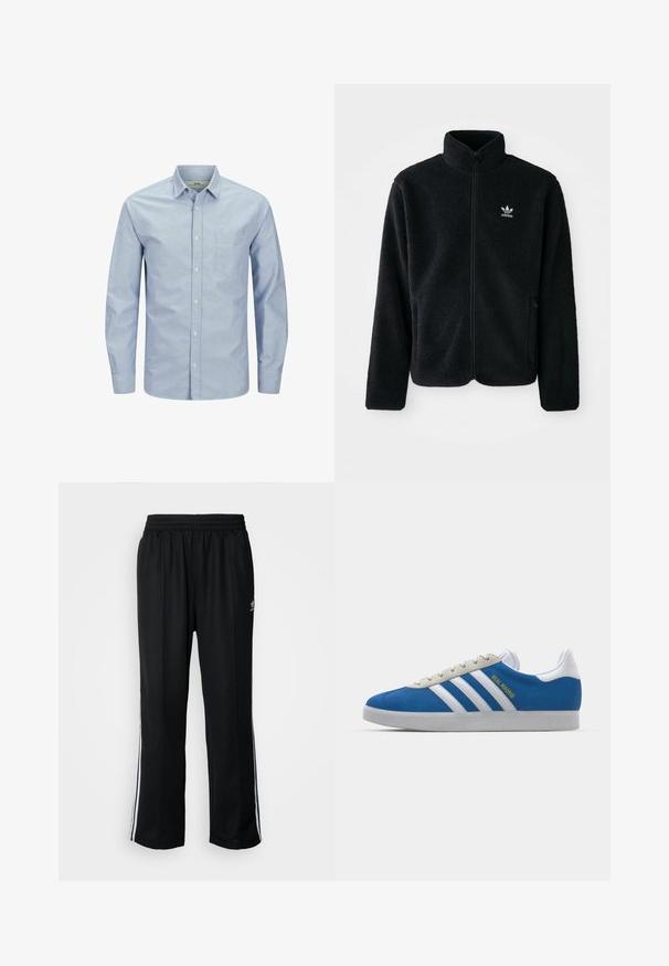 Musta fleece-takki, jossa on korkea kaulus, vetoketjusuljenta ja etutaskut. Käyttää teksturoitua kangasta ja siinä on pieni valkoinen logo vasemmassa rinnassa.; Vaaleansininen pitkähihaisessa napillinen paita, jossa on tasku vasemmassa rinnassa. Valmistettu pehmeästä kankaasta, joka on sileä tekstuuriltaan, ja siinä on hillitty logo-yksityiskohta.; Mustat urheiluhousut, joissa on joustava vyötärö, valkoiset sivuraidat ja pieni logo. Materiaali näyttää pehmeältä ja kevyeltä.; adidas Originals ADIDAS GAZELLE SHOES - Sisäjalkapallokengät - real madrid/bluebird/footwear white/crew yellow