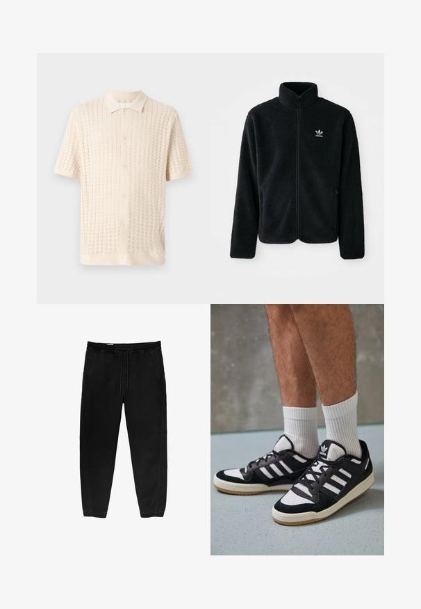 Černá fleecová bunda s vysokým límcem, předním zipem a předními kapsami. Disponuje strukturovanou tkaninou a malým bílým logem na levé hrudi.; Košile na knoflíky s krátkým rukávem v světlé smetanové barvě, s texturovaným pleteným vzorem, límečkem a pěti knoflíky na přední straně.; Černé kalhoty s elastickým pasem a stahovací šňůrkou, se zúženými nohavicemi, bočními kapsami a jemnými detaily bočního šití. Měkká textilie z bavlny.; Černobílé tenisky s vrchní částí z semišové a kožené kůže, včetně tří bílých pruhů, perforovaného špičky a podrážky z gumy.