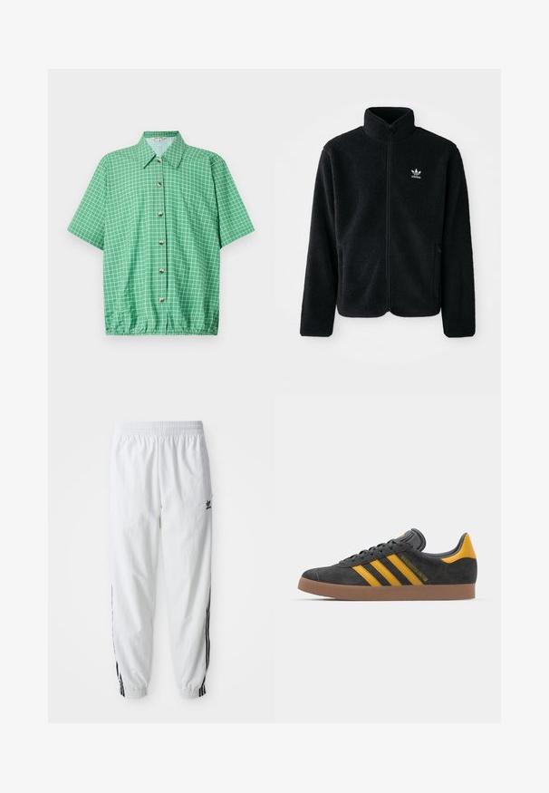Črna flis jakna z visokim ovratnikom, z zadrgo spredaj in sprednjimi žepi. Ima strukturno blago in majhno belo logo na levi strani prsnega koša.; Zelena majica s kratkimi rokavi, ki je okrašena z mrežnim vzorcem, gumbom za zapiranje in elastičnim robom. Narejena iz lahkotnega materiala s klasičnim ovratnikom.; Bela športna hlače z črnimi stranskimi črtami, elastičnim pasom in manšetami; vsebujejo logotip Adidas na levem stegnu. Gladek občutek tkanine.; Črne semiš tene z rumenimi akcenti, ki vsebujejo tri trakove in rjavo gumo podplat. Vključujejo oblazinjeno jezik za udobje.
