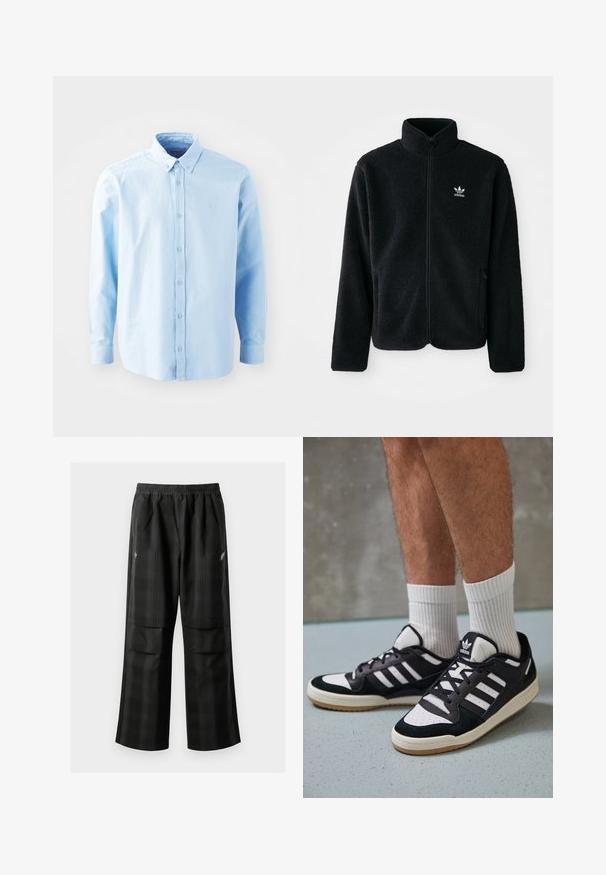 Črna flis jakna z visokim ovratnikom, z zadrgo spredaj in sprednjimi žepi. Ima strukturno blago in majhno belo logo na levi strani prsnega koša.; Svetlo modra srajca z dolgimi rokavi in gumbi, z usnjenim ovratnikom, sprednjo zaponko z gumbi ter majhnim logotipom na prsih. Narejena iz mehke bombažne tkanine.; Črne karirane hlače z elastičnim pasom, dvema sprednjima žepoma in ohlapnim krojem s pravimi nogavicami. Narejene so iz lahke tkanine.; Črno-bele superge z zgornjim delom iz usnja in nubuka, ki imajo tri bele črte, perforiran vrh prstov in podplat iz gume.