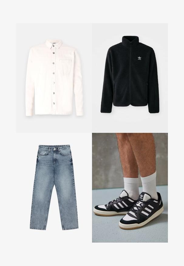 Melns flīsa mētelis ar augstu apkakli, ar rāvējslēdzēju priekšā un priekšējiem kabatām. Iezīmē ar teksturētu audumu un mazu baltu logo uz kreisā krūtīm.; Denim Project STITCH DETAIL - Krekls - jet stream; Gai zilu džinsu bikses ar taisnu kāju griezumu, redzamām šuvēm, piecu kabatu dizainu un pogu aizdari jostasvietā.; Melnas un baltas kedas ar zamša un ādas augšdaļu, kas aprīkotas ar trim baltām svītrām, perforētu purngali un gumijas zolēm.