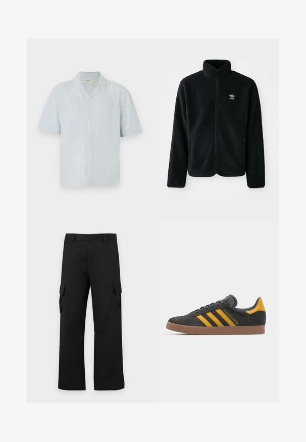 Juodas fliso džemperis su aukštu apykakle, užtrauktuku priekyje ir priekinėmis kišenėmis. Ypatybės: tekstūruota medžiaga ir mažas baltas logotipas kairėje krūtinės pusėje.; Šviesiai mėlynos ir baltos juostelės trumpomis rankovėmis mygtukinė marškiniai. Yra klasikinis apykaklė ir laisvas siluetas iš lengvos medžiagos.; Juodi cargo kelnės su tiesiu kojų dizainu. Pagamintos iš tvirto audinio, turi dvi šonines kišenes su užsegamais dangteliais ir mygtukų užtrauktuką.; Juodas zomšinės sportbačiai su geltonais akcentais, turintys tris juosteles ir rudą gumos padą. Apima paminkštintą liežuvėlį patogumui.