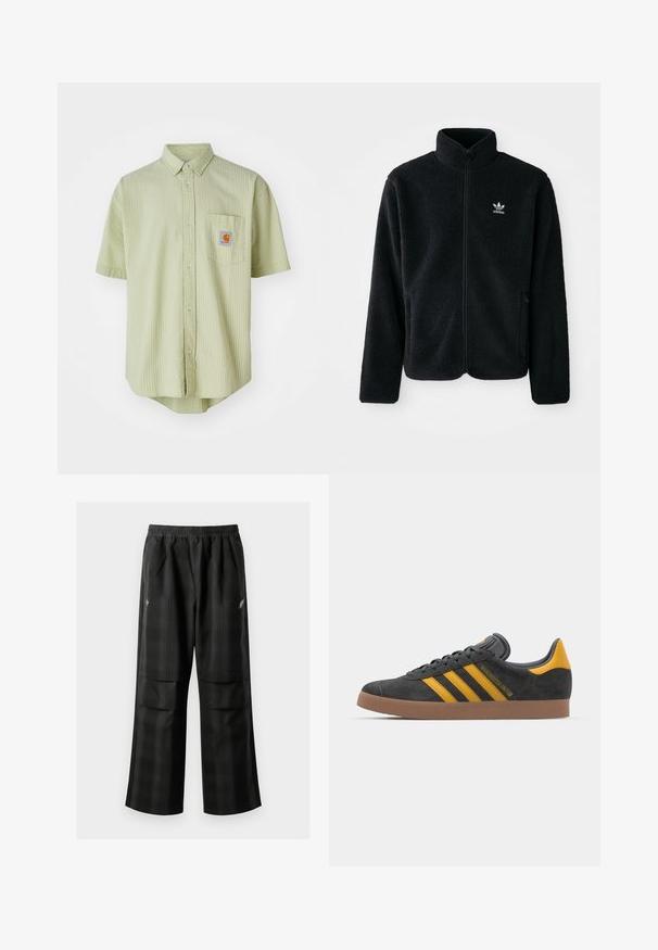 Czarna polarowa kurtka z wysokim kołnierzem, zamek z przodu i kieszeniami z przodu. Posiada teksturowany materiał i małe białe logo na lewej piersi.; Jasnozielona koszula z krótkim rękawem, z teksturowanym wzorem, ostro zakończonym kołnierzykiem, przednią kieszonką oraz kwadratową naszywką z logo na klatce piersiowej.; Czarne spodnie w kratę z elastycznym pasem, dwoma przednimi kieszeniami i luźnym krojem ze prostymi nogawkami. Wykonane z lekkiego materiału.; Czarne zamszowe sneakersy z żółtymi akcentami, z trzema paskami i brązową gumową podeszwą. Posiadają wyściełany język dla większego komfortu.