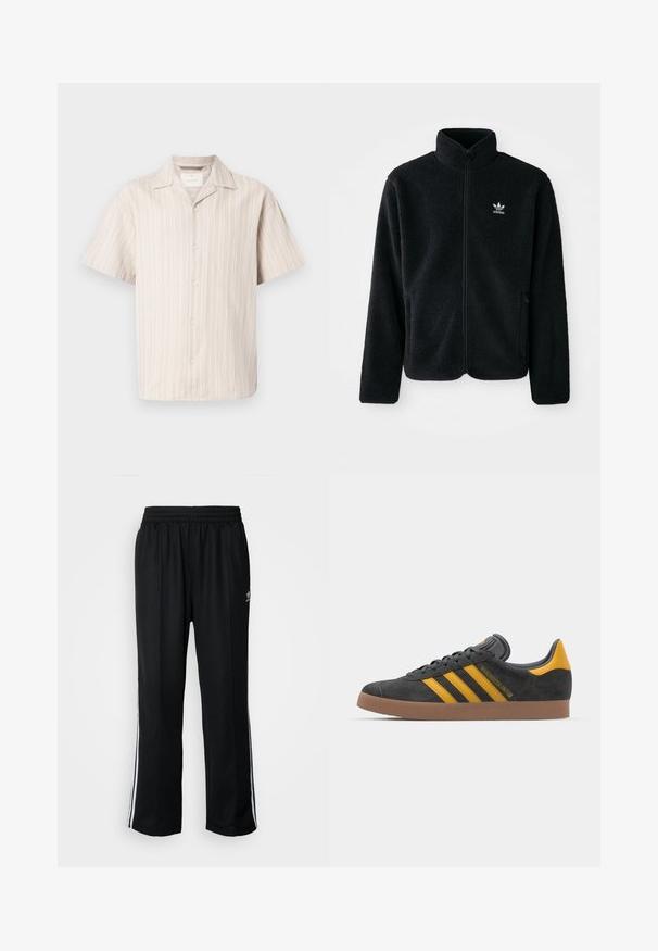 Čierna fleecová bunda s vysokým golierom, zipsom na prednej strane a prednými vreckami. Obsahuje textúrovanú tkaninu a malé biele logo na ľavej hrudi.; Košeľa s krátkym rukávom na gombíky vo svetlo béžovej farbe s vertikálnymi bielymi pruhmi. Má klasický golier a voľný strih, vyrobená z mäkkého materiálu.; Čierne športové nohavice s elastickým pásom, s bielymi bočnými prúžkami a malým logom. Materiál vyzerá byť mäkký a ľahký.; Čierne semišové tenisky so žltými akcentmi, ktoré majú tri pruhy a hnedú gumovú podrážku. Obsahujú vypolstrovaný jazyk pre pohodlie.