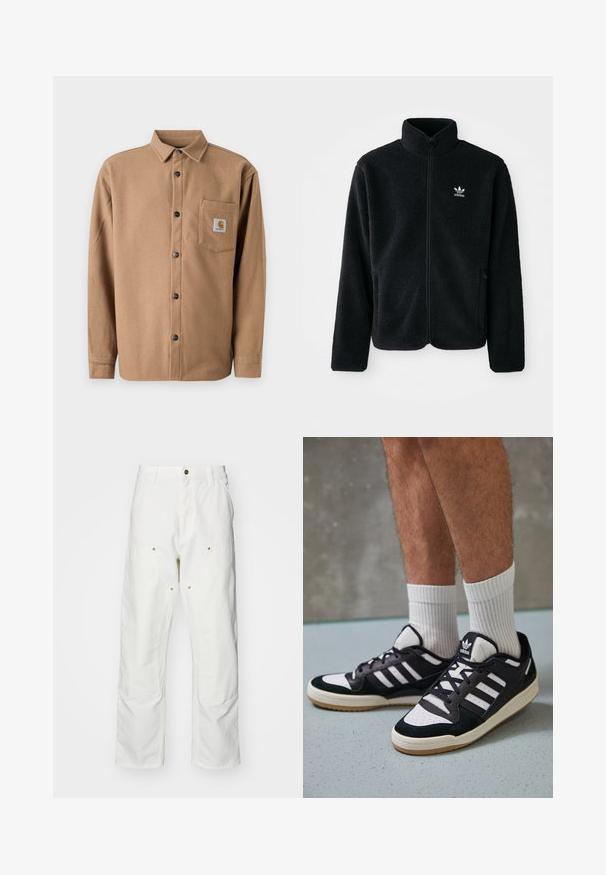 Črna flis jakna z visokim ovratnikom, z zadrgo spredaj in sprednjimi žepi. Ima strukturno blago in majhno belo logo na levi strani prsnega koša.; Rjava flanelska srajca z gumbnim zapiranjem, dolgimi rokavi, enim žepom na prsih z logotipom in črnimi gumbi. Mehka tekstura.; Bela bombažna cargo hlače z udobnim krojem. Značilnosti vključujejo sprednje žepe, zlato poudarjeno kovinsko opremo in ojačane kolenske dele.; Črno-bele superge z zgornjim delom iz usnja in nubuka, ki imajo tri bele črte, perforiran vrh prstov in podplat iz gume.