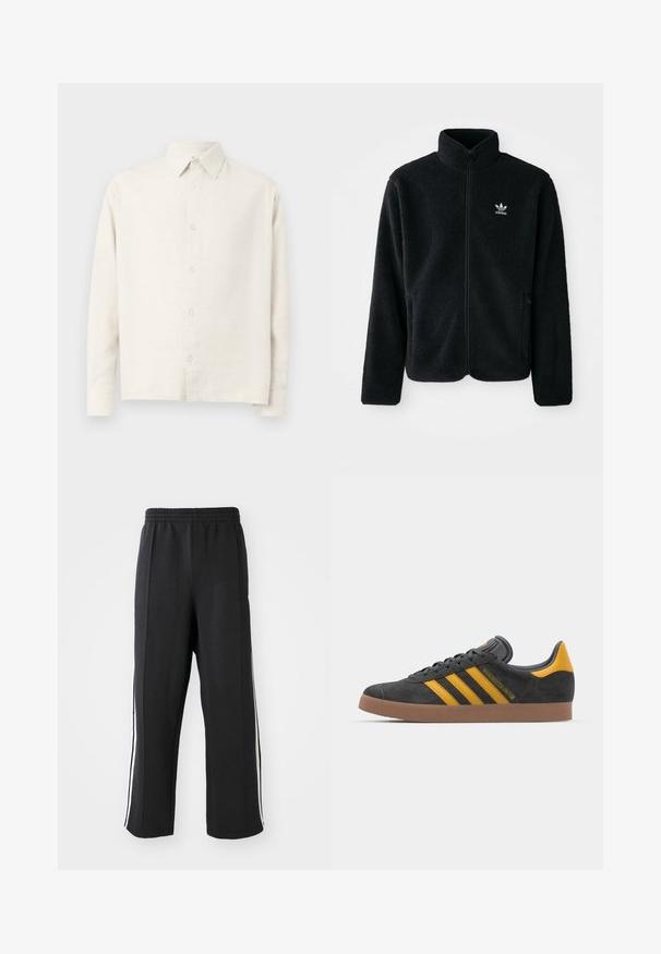 Schwarze Fleecejacke mit hohem Kragen, durchgehendem Reißverschluss und Fronttaschen. Verfügt über strukturiertes Material und ein kleines weißes Logo auf der linken Brust.; Hellbeige Langarmhemd aus strukturiertem Stoff. Mit Kragen, Knopfleiste auf der Vorderseite und geradem Saum.; Schwarze Jogginghose mit elastischem Bund, ausgestattet mit weißen seitlichen Streifen und einem lässigen Schnitt. Hergestellt aus weichem, dehnbarem Stoff.; Schwarze Wildledersneaker mit gelben Akzenten, ausgestattet mit drei Streifen und einer braunen Gummisohle. Enthält eine gepolsterte Zunge für zusätzlichen Komfort.