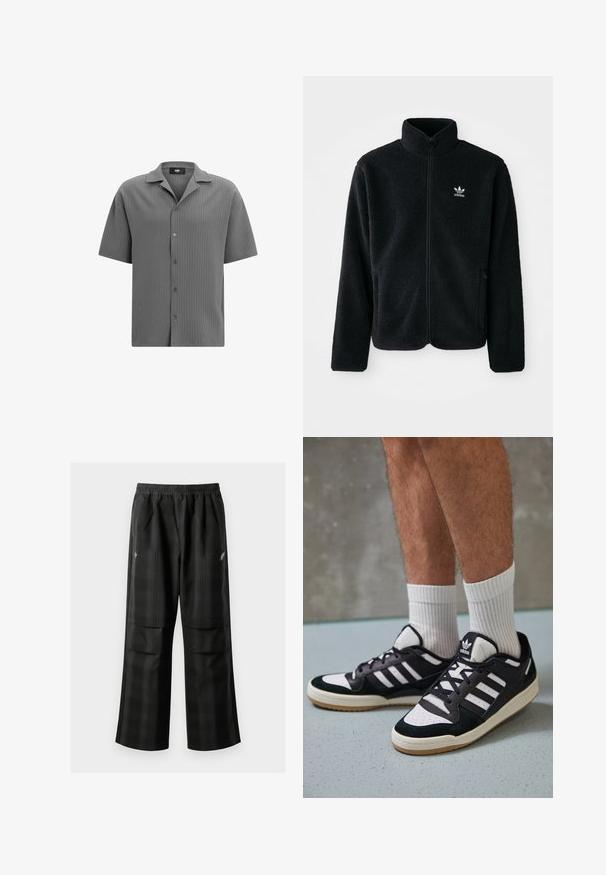 Must värviline fleecedee peasärk kõrge kraega, tõmblukuga esiosa ja esikotid. Omab tekstuuriga kangast ja väikest valget logo vasakul rinnal.; Lühikeste varrukatega nööbiga särk tekstureeritud hallist kangast. Omab kõrvutatud kraed ja horisontaalset soonilist mustrit viie nööbiga ees.; Mustas ruudulised püksid, millel on elastne vöökoht, kaks esimest taskut ja laiem lõige sirge jala disainiga. Valmistatud kergest materjalist.; Mustvalged ja valged spordijalatsid, mille pealmine osa on valmistatud suede'ist ja nahast. Kingadel on kolm valget riba, auguline varvas ja kummist tald.