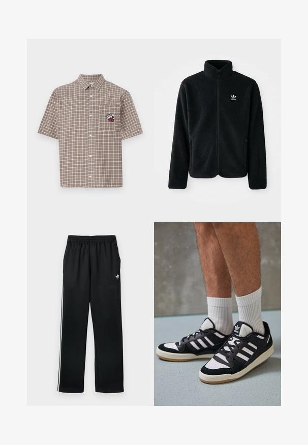 Musta fleece-takki, jossa on korkea kaulus, vetoketjusuljenta ja etutaskut. Käyttää teksturoitua kangasta ja siinä on pieni valkoinen logo vasemmassa rinnassa.; Lyhytsleeveinen, ruskea ruudullinen paita, jossa on nappikaulus ja rintatasku, jossa on punamustalla brodeerattu kuvio.; Mustat urheiluhousut, joissa on joustava vyötärönauha, valkoiset sivuraidat ja pieni logo edessä. Sileä kangas ja suora leikkaus.; Valkoiset ja mustat tennarit, joissa on mokkanahka- ja nahkapäällinen, kolme valkoista raitaa, rei'itetty kärki ja kumipohja.