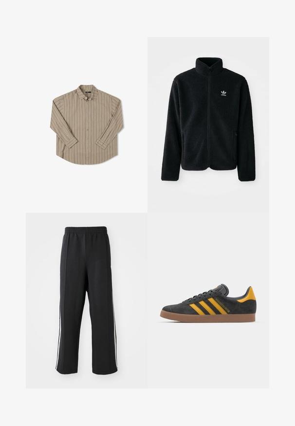 Melns flīsa mētelis ar augstu apkakli, ar rāvējslēdzēju priekšā un priekšējiem kabatām. Iezīmē ar teksturētu audumu un mazu baltu logo uz kreisā krūtīm.; Bēša krūškurpes krekls ar garām piedurknēm, vertikālām svītrām, vienu krūšu kabatu, pogu apkakli un noapaļotu apakšu. Gluda auduma tekstūra.; Melni sporta bikses ar elastīgu jostu, kurām ir baltas sānu joslas un brīvs piegrieziens. Izgatavotas no mīksta, elastīga auduma.; Melnas zamšādas kedas ar dzelteniem akcentiem, kurām ir trīs svītras un brūna gumijas zole. Iekļauta mīksta valkāšanas tongue komfortam.