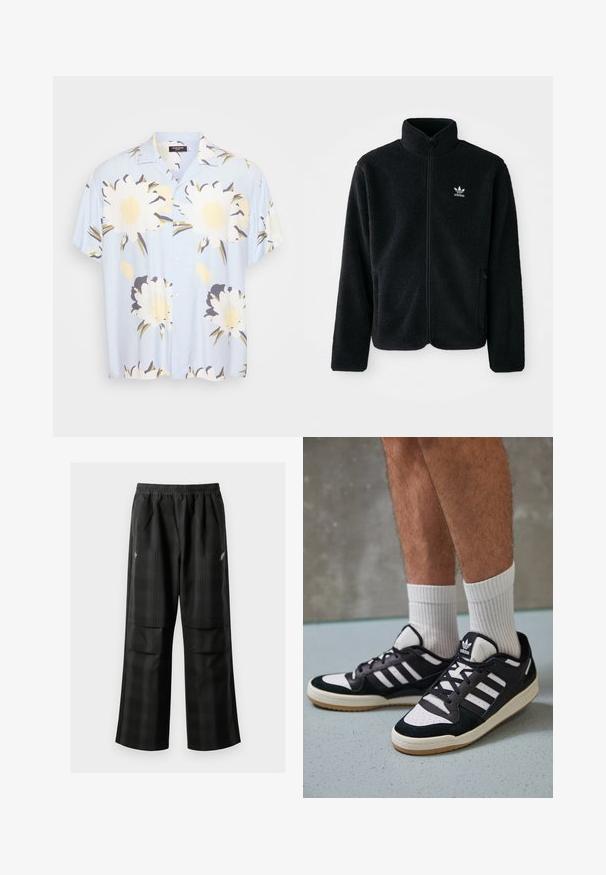 Zwarte fleece jacket met hoge kraag, ritssluiting aan de voorkant en voorzakken. Kenmerkt zich door textuurstof en een klein wit logo op de linkerborst.; Lichtblauw overhemd met korte mouwen, versierd met grote witte en gele bloemenmotieven, met knopen aan de voorkant, klassieke kraag en een losse pasvorm.; Zwarte geruite broek met een elastische tailleband, twee voorzakken en een losse pasvorm met een rechte pijpdesign. Gemaakt van lichtgewicht materiaal.; Zwart-witte sneakers met een bovenwerk van suede en leer, voorzien van drie witte strepen, een geperforeerde neus en een rubberen gumzool.