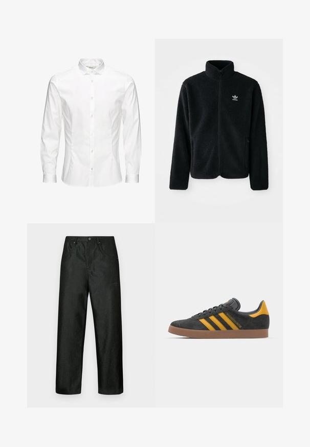 Schwarze Fleecejacke mit hohem Kragen, durchgehendem Reißverschluss und Fronttaschen. Verfügt über strukturiertes Material und ein kleines weißes Logo auf der linken Brust.; Weißes langärmeliges Hemd mit Knopfleiste aus glattem Stoff. Verfügt über einen klassischen Kragen, eine durchgehende Knopfleiste und Ein-Knopf-Manschetten. Figurbetonter Schnitt.; Schwarze Hose mit leichtem Glanz, gerade geschnitten, mit zwei Vordertaschen und einem dezenten Logo auf der oberen linken Seite.; Schwarze Wildledersneaker mit gelben Akzenten, ausgestattet mit drei Streifen und einer braunen Gummisohle. Enthält eine gepolsterte Zunge für zusätzlichen Komfort.
