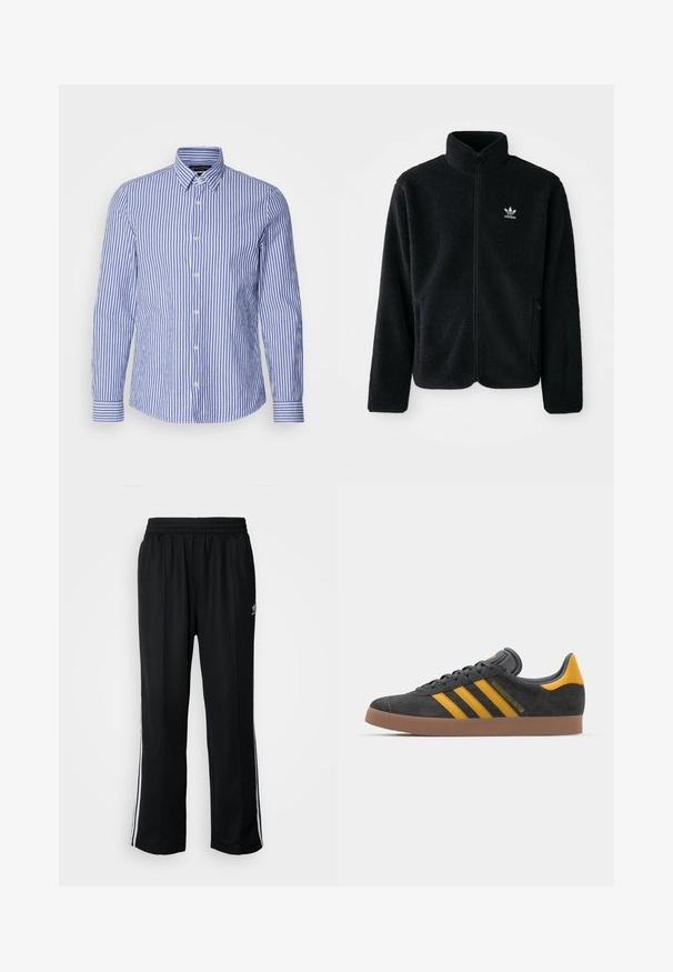 Casaco de fleece preto com gola alta, fecho de correr à frente e bolsos frontais. Apresenta um tecido texturizado e um pequeno logo branco no lado esquerdo do peito.; Camisa de botão de mangas longas com riscas azuis e brancas, feita de algodão tecido, com colarinho clássico e com a barra arredondada. Apresenta botões perlados.; Calças atléticas pretas com um cós elástico, apresentando riscas brancas laterais e um pequeno logótipo. O material parece macio e leve.; Tenis em camurça preta com detalhes amarelos, apresentando três riscas e uma sola de borracha castanha. Inclui uma língua acolchoada para maior conforto.