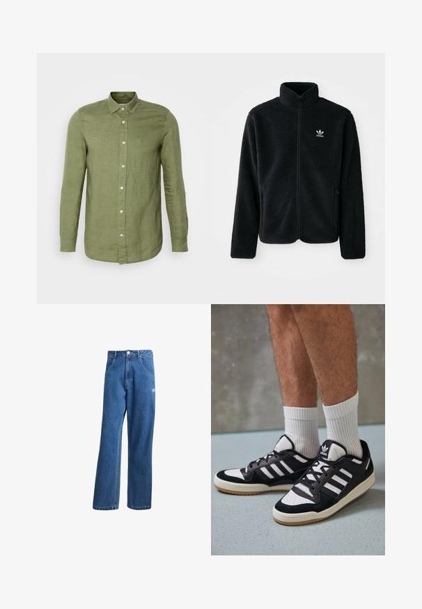 Zwarte fleece jacket met hoge kraag, ritssluiting aan de voorkant en voorzakken. Kenmerkt zich door textuurstof en een klein wit logo op de linkerborst.; Olijfgroene linnen overhemden met lange mouwen en een button-down kraag, voorzien van witte knopen en een relaxte pasvorm. Gelaagde stof, op maat gemaakte manchetten.; Blauwe hoge taille wijde spijkerbroek met voorzakken, riemlussen, knoopsluiting en klein Adidas-logo op de rechterdij.; Zwart-witte sneakers met een bovenwerk van suede en leer, voorzien van drie witte strepen, een geperforeerde neus en een rubberen gumzool.