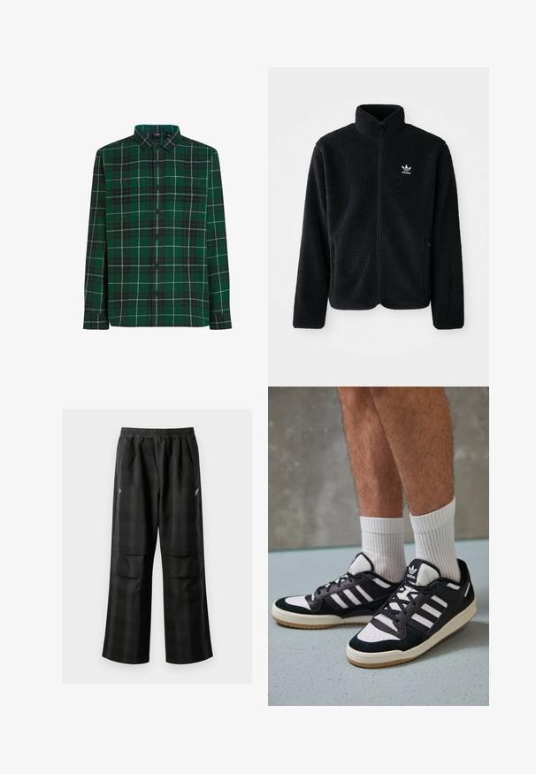 Zwarte fleece jacket met hoge kraag, ritssluiting aan de voorkant en voorzakken. Kenmerkt zich door textuurstof en een klein wit logo op de linkerborst.; Groene geruite button-up shirt met een geblokt patroon, voorzakken en een kraag. Gemaakt van een stof met een zachte textuur.; Zwarte geruite broek met een elastische tailleband, twee voorzakken en een losse pasvorm met een rechte pijpdesign. Gemaakt van lichtgewicht materiaal.; Zwart-witte sneakers met een bovenwerk van suede en leer, voorzien van drie witte strepen, een geperforeerde neus en een rubberen gumzool.
