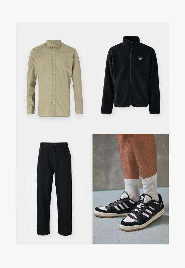 Chupa de forro polar negro con cuello alto, cierre frontal y bolsillos delanteros. Presenta tela texturizada y un pequeño logo blanco en el lado izquierdo del pecho.; Camisa verde olivo de botón con cuello puntiagudo, de mangas largas y textura suave, con botones de plástico transparente en la parte delantera.; Pantalones de mezclilla negros con un corte recto. Presenta un diseño clásico de cinco bolsillos, cierre de botones y una sutil textura en la tela.; Zapatillas en blanco y negro con parte superior de ante y cuero, que presentan tres franjas blancas, una puntera perforada y una suela de goma.