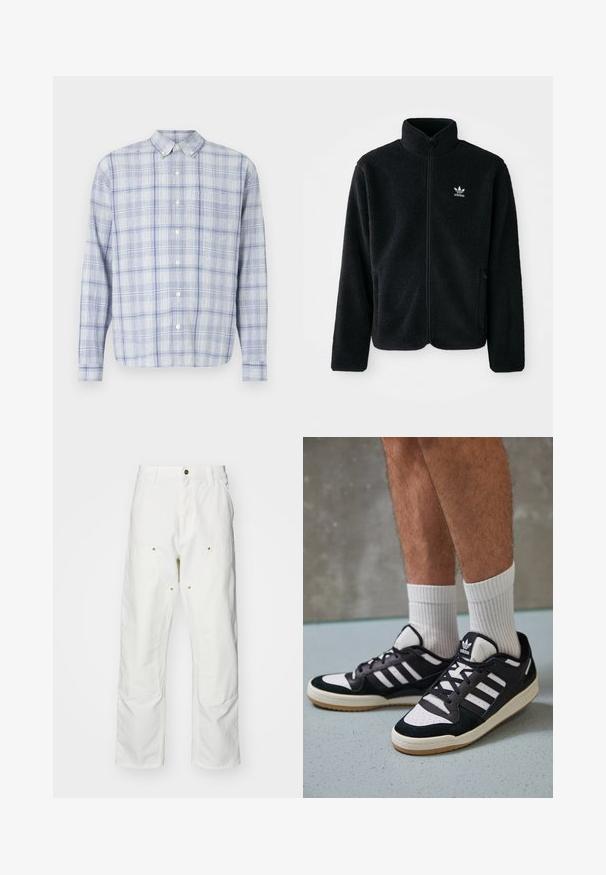 Černá fleecová bunda s vysokým límcem, předním zipem a předními kapsami. Disponuje strukturovanou tkaninou a malým bílým logem na levé hrudi.; Košile s dlouhým rukávem v světle modro-bílém kostkovaném vzoru. Disponuje klasickým límcem a měkkou texturovanou tkaninou.; Bílé bavlněné cargo kalhoty s volným střihem. Vlastnosti zahrnují přední kapsy, zlaté kovové detaily a zpevněné oblasti na kolenou.; Černobílé tenisky s vrchní částí z semišové a kožené kůže, včetně tří bílých pruhů, perforovaného špičky a podrážky z gumy.