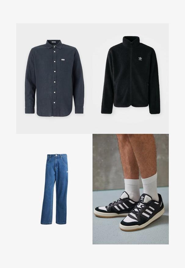 Čierna fleecová bunda s vysokým golierom, zipsom na prednej strane a prednými vreckami. Obsahuje textúrovanú tkaninu a malé biele logo na ľavej hrudi.; Tmavomodrá košeľa s dlhým rukávom vyrobená z ľanu, s golierom na gombíky, prednou vreckom a bielymi gombíkmi. Na vrecku je logo Wrangler.; Modré riflové nohavice s vysokým pásom a širokým strihom, s prednými vreckami, pútkami na opasok, zapínaním na gombík a malým logom Adidas na pravej stehne.; Čierno-biele tenisky s vrchom z semišu a kože, s troma bielymi pruhmi, perforovanou špičkou a gumovou podrážkou.