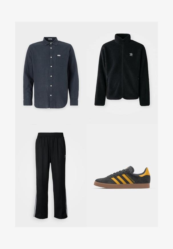 Schwarze Fleecejacke mit hohem Kragen, durchgehendem Reißverschluss und Fronttaschen. Verfügt über strukturiertes Material und ein kleines weißes Logo auf der linken Brust.; Dunkelblaues Langarmhemd aus Leinen mit Button-Down-Kragen, Fronttasche und weißen Knöpfen. Wrangler-Logo auf der Tasche.; Schwarze Sporthosen mit elastischem Bund, ausgestattet mit weißen Seitenstreifen und einem kleinen Logo. Das Material wirkt weich und leicht.; Schwarze Wildledersneaker mit gelben Akzenten, ausgestattet mit drei Streifen und einer braunen Gummisohle. Enthält eine gepolsterte Zunge für zusätzlichen Komfort.