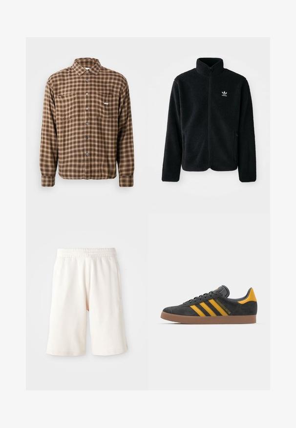 Musta fleece-takki, jossa on korkea kaulus, vetoketjusuljenta ja etutaskut. Käyttää teksturoitua kangasta ja siinä on pieni valkoinen logo vasemmassa rinnassa.; Ruskea ruudullinen paita, joka on valmistettu pehmeästä kankaasta. Paidassa on napitetta, kaksi rintataskua ja brodeerattu logo vasemmassa taskussa.; Vaaleanbeiget puuvillahousut, joissa on joustava vyötärö, polvipituinen leikkaus ja hillitty logotulos vasemmassa lahkeessa. Tasainen pinta.; Mustat samettiset tennarit, joissa on keltaisia yksityiskohtia, kolmonen raita ja ruskea kumipohja. Sisältää pehmustetun kielisen mukavuutta varten.