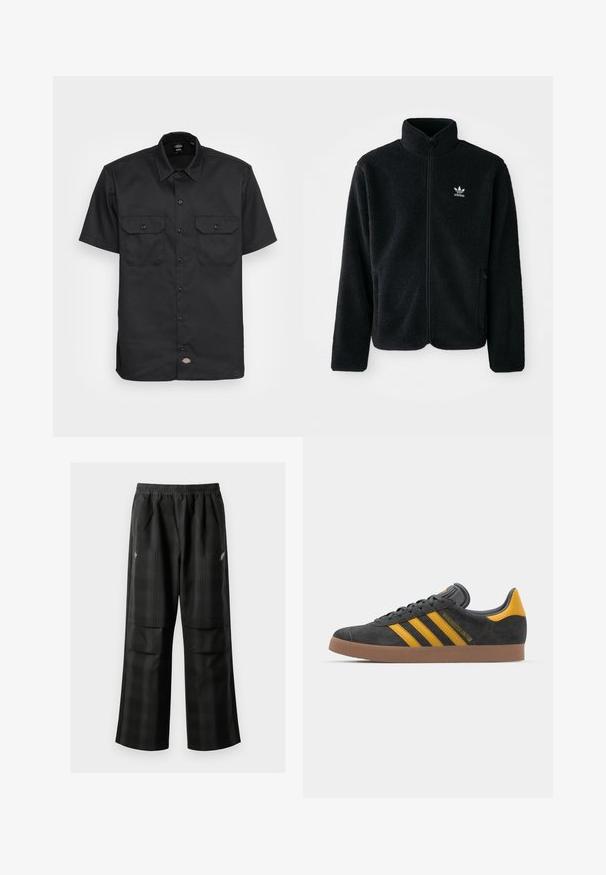 Casaco de fleece preto com gola alta, fecho de correr à frente e bolsos frontais. Apresenta um tecido texturizado e um pequeno logo branco no lado esquerdo do peito.; Camisa preta de mangas curtas feita de tecido suave; possui dois bolsos no peito com aba, fecho por botão e um colarinho clássico.; Calças pretas em padrão xadrez com cintura elástica, dois bolsos frontais e um ajuste solto com design de perna reta. Feitas de material leve.; Tenis em camurça preta com detalhes amarelos, apresentando três riscas e uma sola de borracha castanha. Inclui uma língua acolchoada para maior conforto.