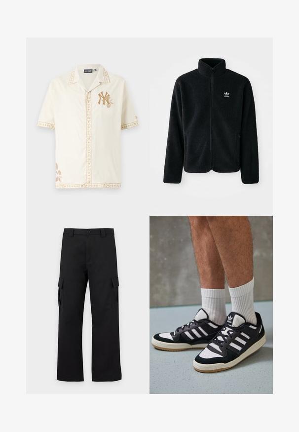 Črna flis jakna z visokim ovratnikom, z zadrgo spredaj in sprednjimi žepi. Ima strukturno blago in majhno belo logo na levi strani prsnega koša.; Kratkoročna krema srajca z svetlo rjavimi vezenimi cvetličnimi poudarki in logotipom. Ima ovratnik in okrasno šivanje.; Črne cargo hlače s ravnim krojem. Narejene so iz trpežnega materiala in imajo dve stranski žepi s poklopcem ter gumbasto zaponko.; Črno-bele superge z zgornjim delom iz usnja in nubuka, ki imajo tri bele črte, perforiran vrh prstov in podplat iz gume.