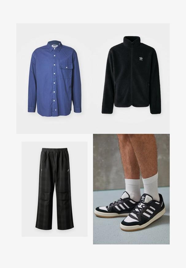 Zwarte fleece jacket met hoge kraag, ritssluiting aan de voorkant en voorzakken. Kenmerkt zich door textuurstof en een klein wit logo op de linkerborst.; Marineblauwe lange mouwen button-up shirt van geweven stof, met een puntige kraag, een borstzak en witte knopen langs de sluiting.; Zwarte geruite broek met een elastische tailleband, twee voorzakken en een losse pasvorm met een rechte pijpdesign. Gemaakt van lichtgewicht materiaal.; Zwart-witte sneakers met een bovenwerk van suede en leer, voorzien van drie witte strepen, een geperforeerde neus en een rubberen gumzool.