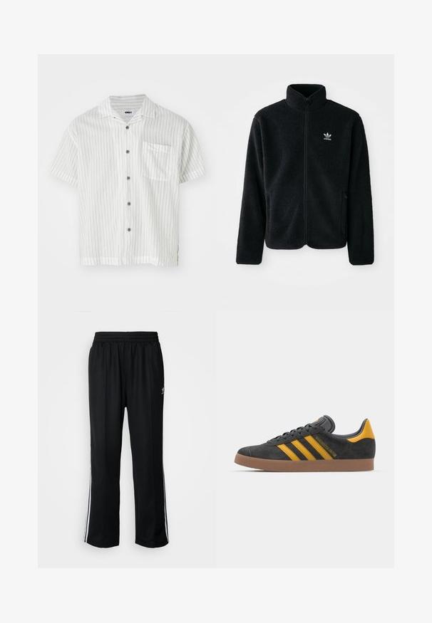 Fekete bolyhos dzseki magas gallérral, cipzáros elejével és elülső zsebeivel. Texturált anyaga és kis fehér logója van a bal mellen.; Fehér, rövid ujjú gombos ing vékony fekete függőleges csíkokkal, zsebével a mellrészen és szürke gombokkal; könnyű anyag, sima textúrával.; Fekete sportnadrág rugalmas derékrésszel, fehér oldalsávokkal és egy kis logóval. Az anyaga lágy és könnyűnek tűnik.; Fekete velúrbőr sportcipő sárga díszítéssel, három csíkkal és barna gumitalppal. Párnázott nyelvével a kényelem érdekében.