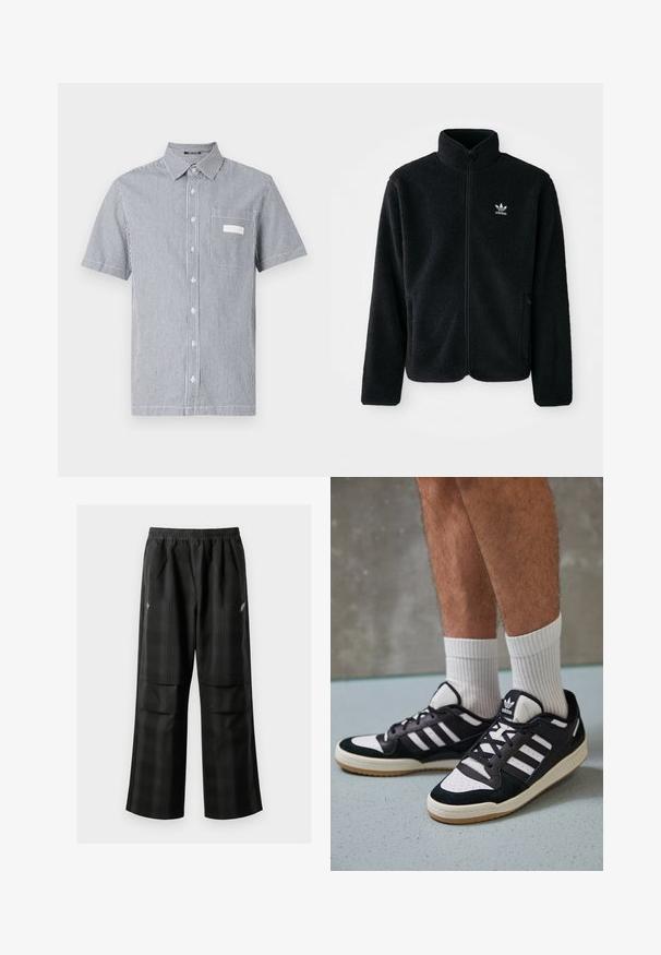 Veste en polaire noire avec col haut, fermeture éclair à l'avant et poches перед тобой. Présente un tissu texturé et un petit logo blanc sur la poitrine gauche.; Chemise à manches courtes avec un motif rayé bleu et blanc, dotée d'une poche poitrine et d'un col classique. Fabriquée en tissu léger.; Pantalons à carreaux noirs avec une taille élastique, deux poches avant et une coupe ample avec une conception à jambe droite. Fabriqués en matériau léger.; Baskets noir et blanc avec une tige en suède et cuir, comportant trois rayures blanches, un bout perforé et une semelle en caoutchouc gum.