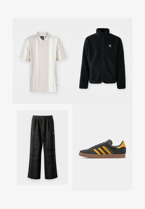 Juodas fliso džemperis su aukštu apykakle, užtrauktuku priekyje ir priekinėmis kišenėmis. Ypatybės: tekstūruota medžiaga ir mažas baltas logotipas kairėje krūtinės pusėje.; Šviesiai smėlinis trumpomis rankovėmis lino marškiniai su vertikaliomis kreminėmis juostelėmis, turi mygtukių užsegimą ir klasikinio tipo color.; Juodos languotos kelnės su elastingu juosmeniu, dviem priekinėmis kišenėmis ir laisvu tiesiu kirpimu. Pagamintos iš lengvos medžiagos.; Juodas zomšinės sportbačiai su geltonais akcentais, turintys tris juosteles ir rudą gumos padą. Apima paminkštintą liežuvėlį patogumui.