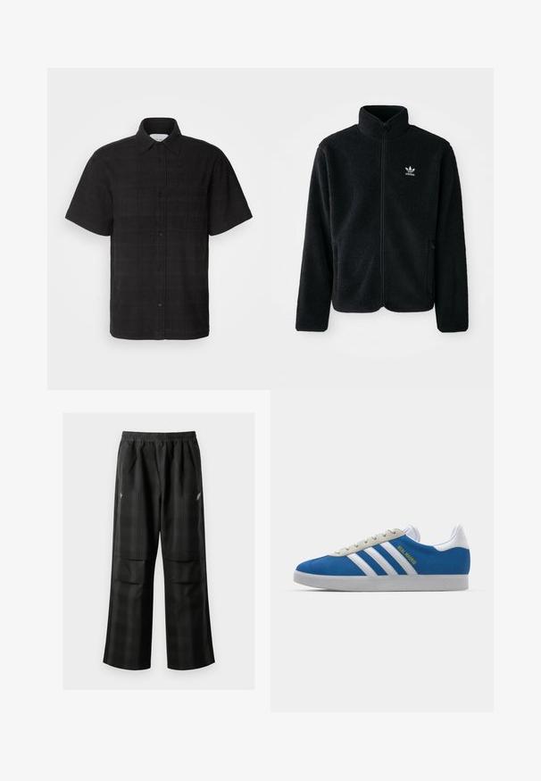 Juodas fliso džemperis su aukštu apykakle, užtrauktuku priekyje ir priekinėmis kišenėmis. Ypatybės: tekstūruota medžiaga ir mažas baltas logotipas kairėje krūtinės pusėje.; Les Deux CHARLIE SHIRT - Marškiniai - black; Juodos languotos kelnės su elastingu juosmeniu, dviem priekinėmis kišenėmis ir laisvu tiesiu kirpimu. Pagamintos iš lengvos medžiagos.; adidas Originals ADIDAS GAZELLE SHOES - Salės futbolo bateliai - real madrid/bluebird/footwear white/crew yellow