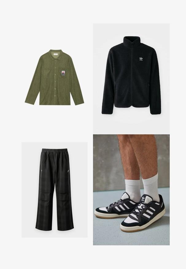 Veste en polaire noire avec col haut, fermeture éclair à l'avant et poches перед тобой. Présente un tissu texturé et un petit logo blanc sur la poitrine gauche.; Chemise en velours côtelé vert olive à manches longues, fermeture boutonnée, deux poches poitrine, et un patch graphique de montagne sur la poche gauche.; Pantalons à carreaux noirs avec une taille élastique, deux poches avant et une coupe ample avec une conception à jambe droite. Fabriqués en matériau léger.; Baskets noir et blanc avec une tige en suède et cuir, comportant trois rayures blanches, un bout perforé et une semelle en caoutchouc gum.