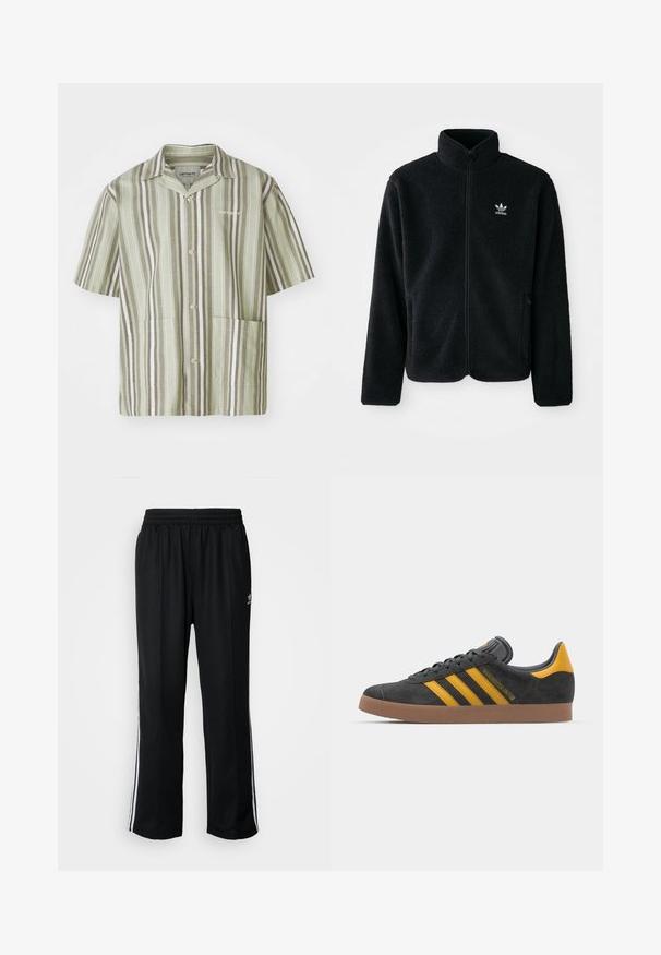 Giacca in pile nera con colletto alto, chiusura zip frontale e tasche anteriori. Presenta un tessuto testurizzato e un piccolo logo bianco sul lato sinistro del petto.; Camicia a maniche corte con bottoni di colore verde chiaro, decorata con strisce verticali in verde scuro e bianco. Presenta due tasche frontali e colletto a risvolto.; Pantaloni da allenamento neri con elastico in vita, dotati di bande laterali bianche e un piccolo logo. Il materiale sembra morbido e leggero.; Sneaker in suede nero con dettagli gialli, dotato di tre strisce e una suola in gomma marrone. Include una linguetta imbottita per il comfort.