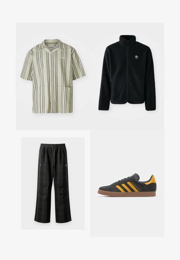 Musta fleece-takki, jossa on korkea kaulus, vetoketjusuljenta ja etutaskut. Käyttää teksturoitua kangasta ja siinä on pieni valkoinen logo vasemmassa rinnassa.; Lyhythihainen napillinen paita vaaleanvihreänä, jossa on pimeänvihreitä ja valkoisia pystysuoria raitoja. Sisältää kaksi etutaskua ja kauluksen.; Mustat ruudulliset housut, joissa on joustava vyötärö, kaksi etutaskua ja rento istuvuus suoralla lahkeella. Valmistettu kevyestä materiaalista.; Mustat samettiset tennarit, joissa on keltaisia yksityiskohtia, kolmonen raita ja ruskea kumipohja. Sisältää pehmustetun kielisen mukavuutta varten.