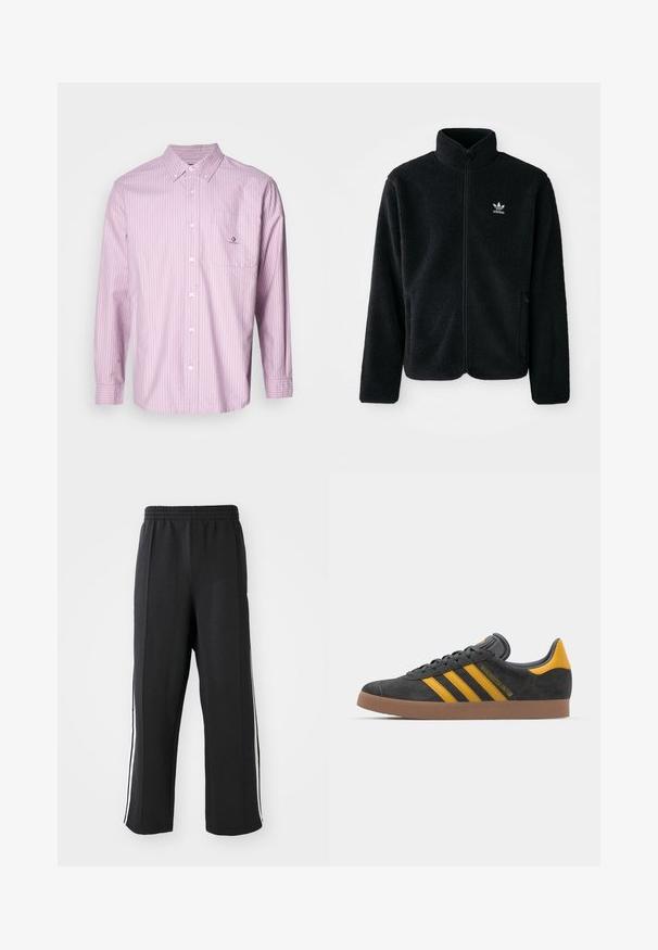 Črna flis jakna z visokim ovratnikom, z zadrgo spredaj in sprednjimi žepi. Ima strukturno blago in majhno belo logo na levi strani prsnega koša.; Srajca z dolgimi rokavi in gumbom v svetlo roza barvi z navpičnimi belimi črtami, iz bombažnega blaga, ovratnikom, sprednjo žepe in logotipom na žepu.; Črne trenirke z elastičnim pasom, z belimi stranskimi črtami in sproščenim krojem. Narejene iz mehke, raztegljive tkanine.; Črne semiš tene z rumenimi akcenti, ki vsebujejo tri trakove in rjavo gumo podplat. Vključujejo oblazinjeno jezik za udobje.