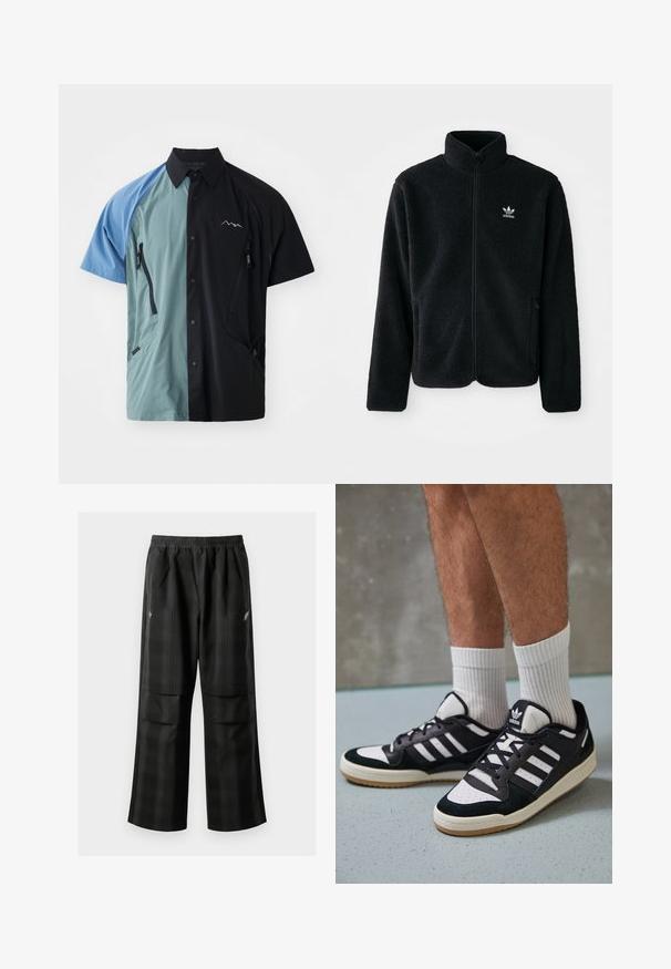 Svart fleecejakke med høy krage, glidelås foran og frontlommer. Har strukturert stoff og liten hvit logo på venstre bryst.; Knappløs kortermet skjorte med et fargeblokk-design i blått, tealfarge og svart. Inkluderer flere glidelås-lommer og et byrålogo.; Svarte rutete bukser med elastisk midje, to frontlommer og løs passform med rett ben-design. Laget av lett materiale.; Sorte og hvite sneakers med overdel i semsket skinn og lær, med tre hvite striper, perforert tå og en såle av gummi.